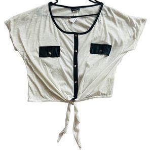 Women's Crop Tie Front Faux Leather Cap Sleeves Stretch Knit Top Black White 1X